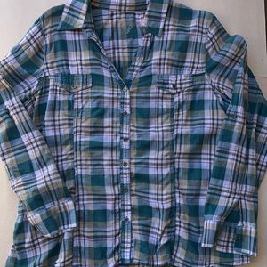 Sonoma Green & White Plaid V-neck Long Sleeve Button Down Shirt Size XL